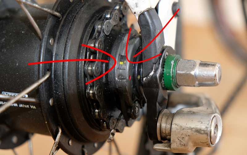Auzurichtende gelbe Markierungen an der Nabe der Shimano Nexus 8